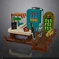Lego Style Play Set Scene With Blue Cabinet Small Counter Robot Figure And Yellow Barrels
