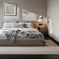 Modern Bedroom Interior Design With Beige Bedding Gray Blanket Wall Art And White Curtains