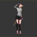 Anime Style Character With Cat Ears And Yellow Tail White Sweater Black Leggings Pink Stripes