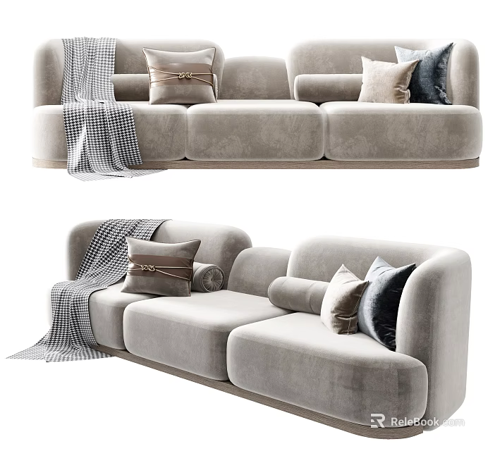 Light Gray Modern Three Seater Fabric Sofa With Pillows And Throw Blanket 3d model