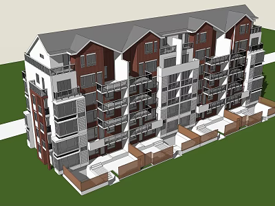 Modern Multistory Apartment Building Exterior With Balconies Gray Roof And Green Lawn 3d model