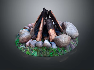 Circular Garden Decor With Stacked Wood Logs Surrounding Stones And Green Grass 3d model