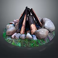 Circular Garden Decor With Stacked Wood Logs Surrounding Stones And Green Grass