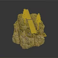 Natural Rock Formation Scene With Wooden Bridge Pine Trees And Mossy Surface