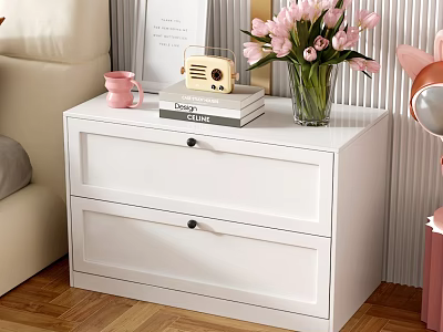 White Two Drawer Storage Cabinet Topped With Pink Mug Books Radio And Pink Flower Vase 3d model