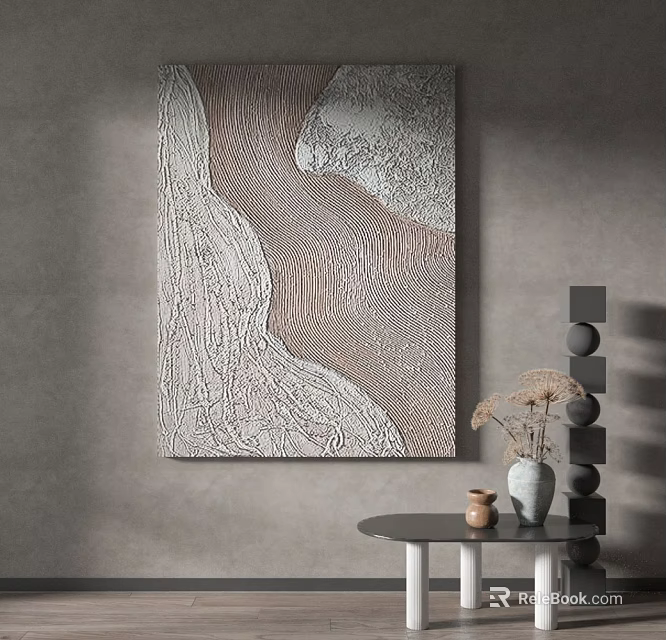 Abstract Textured Painting On Gray Wall With Black Round Table And Vases 3d model 