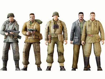 Military Themed Game and Movie Characters in Vintage Uniforms and Combat Gear 3d model