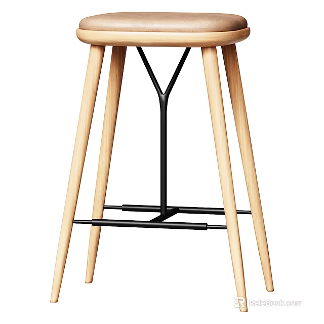 Modern Bar Stool for Home Kitchen with Wooden Legs Metal Frame and Round Seat Design 3d model 