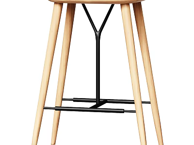 Modern Bar Stool for Home Kitchen with Wooden Legs Metal Frame and Round Seat Design 3d model