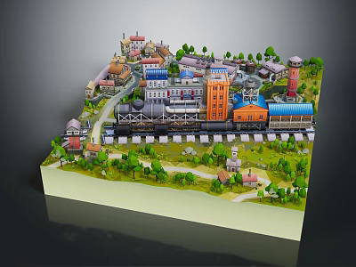 Modern Miniature Town Scene With Detailed Buildings Train Platform Green Trees And Roads 3d model