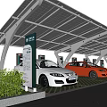 Modern Parking Lot with Solar Canopy EV Charging Stations Parked Cars and Green Shrubs