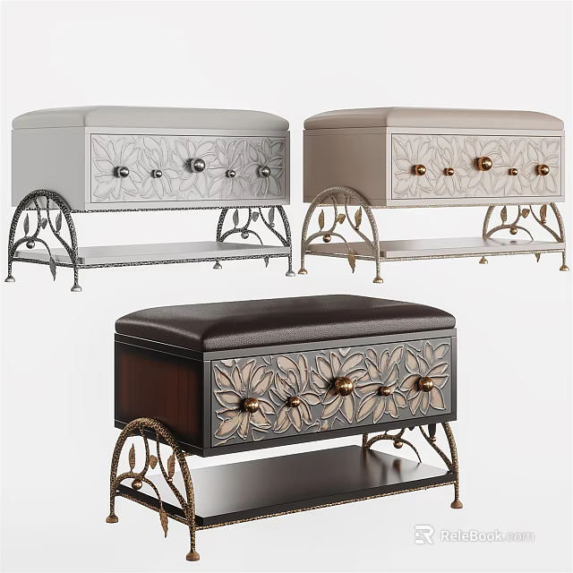 Leather And Fabric Upholstered Storage Ottoman With Floral Carvings And Metal Legs 3d model 