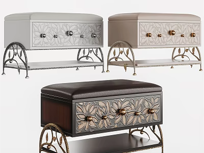 Leather And Fabric Upholstered Storage Ottoman With Floral Carvings And Metal Legs 3d model