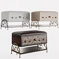 Leather And Fabric Upholstered Storage Ottoman With Floral Carvings And Metal Legs