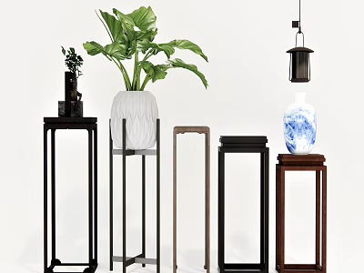 Multiple Plant Stands With Different Designs And Green Plants For Home Decor 3d model