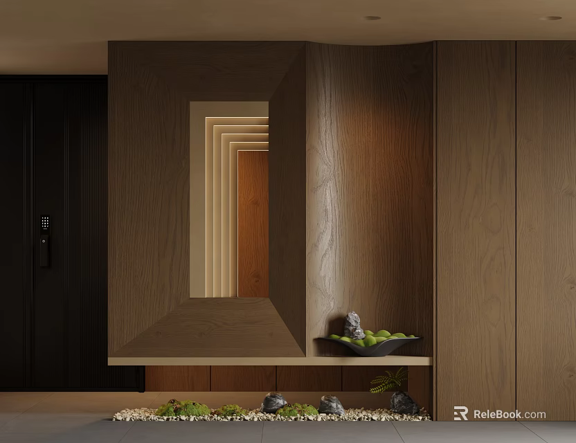 Modern Dark Wooden Partition With Built In Mirror Lower Shelf And Decorative Plants Stones Design 3d model 