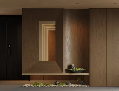 Modern Dark Wooden Partition With Built In Mirror Lower Shelf And Decorative Plants Stones Design 3d model