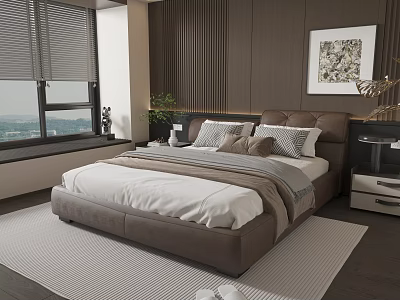 Modern Bedroom Interior With Brown Double Bed White Linens Gray Throw And Decorative Painting 3d model