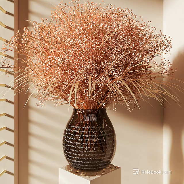 Dried Flowers Bouquet In Black Vase With Text And Window Blinds Shadows 3d model 
