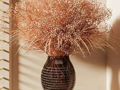 Dried Flowers Bouquet In Black Vase With Text And Window Blinds Shadows 3d model