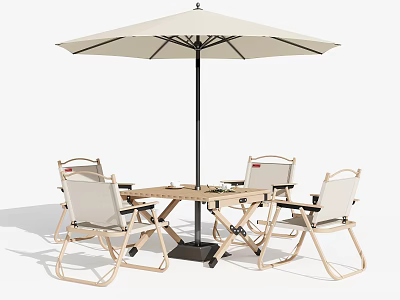 Beige Outdoor Table With Foldable Chairs And Wooden Umbrella Setup 3d model