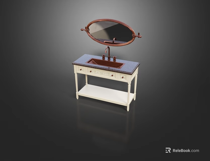 Vintage White Washbasin Vanity With Oval Mirror Tile Countertop And Faucet 3d model 