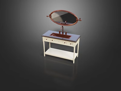 Vintage White Washbasin Vanity With Oval Mirror Tile Countertop And Faucet 3d model