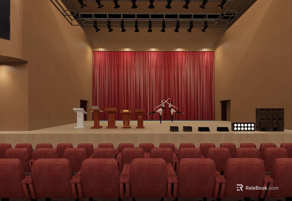 Modern Auditorium Interior With Red Seats Stage Red Curtain And Podiums 3d model 