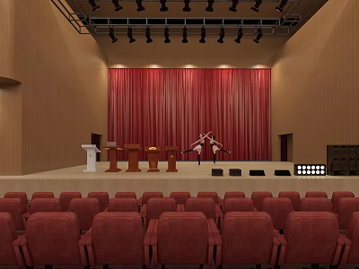 Modern Auditorium Interior With Red Seats Stage Red Curtain And Podiums 3d model