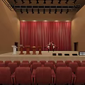 Modern Auditorium Interior With Red Seats Stage Red Curtain And Podiums