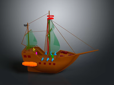 Brown Wooden Toy Pirate Ship with Green Sails Tall Mast and Colorful Decorative Elements 3d model