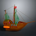 Brown Wooden Toy Pirate Ship with Green Sails Tall Mast and Colorful Decorative Elements