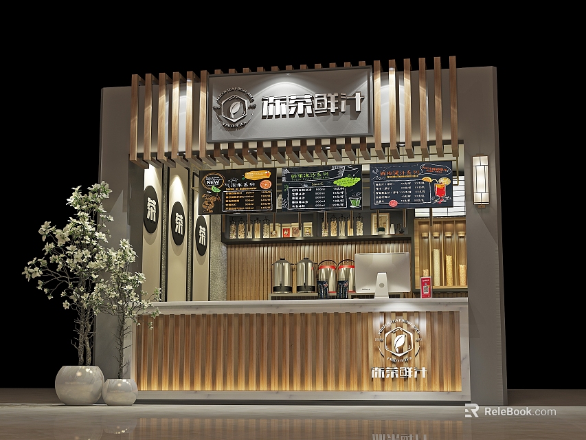 Modern Bubble Tea Shop Interior With Wooden Bar Counter And Menu Board And Green Plants 3d model 