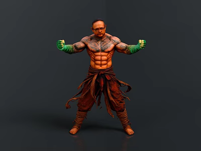 Muscular Man With Tattoos Wearing Green Gloves And Brown Traditional Outfit In Fighting Stance 3d model