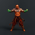 Muscular Man With Tattoos Wearing Green Gloves And Brown Traditional Outfit In Fighting Stance