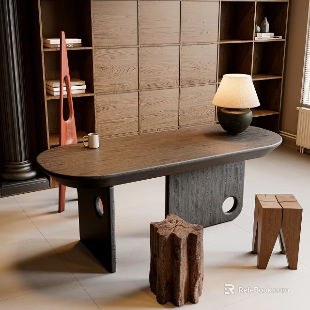 Long Dark Wooden Table With Black Hole Base And Rustic Log Stools In Interior 3d model