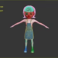 3D Child Character With Brown Hair Green Eyes Blue Overalls Dress And White Shirt