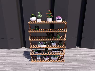 Various Potted Bonsai Plants On Wooden Multi Tiered Shelf With Dark Walls And Wooden Floor 3d model