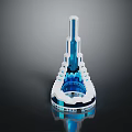 Cartoon Scene Featuring 3D Tower Structure Blue White Color And Architectural Details