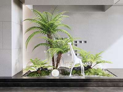 Modern Indoor Garden Ornament With Ferns Giraffe Statue Stones White Decorative Ball And Gray Walls 3d model