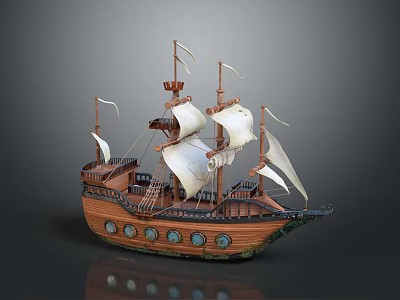 Vintage Wooden Ship with Multiple White Sails Brown Hull Round Portholes and Masts 3d model
