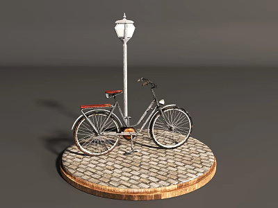 Classic Bicycle With Red Seat And Street Lamp On Round Brick Platform 3d model