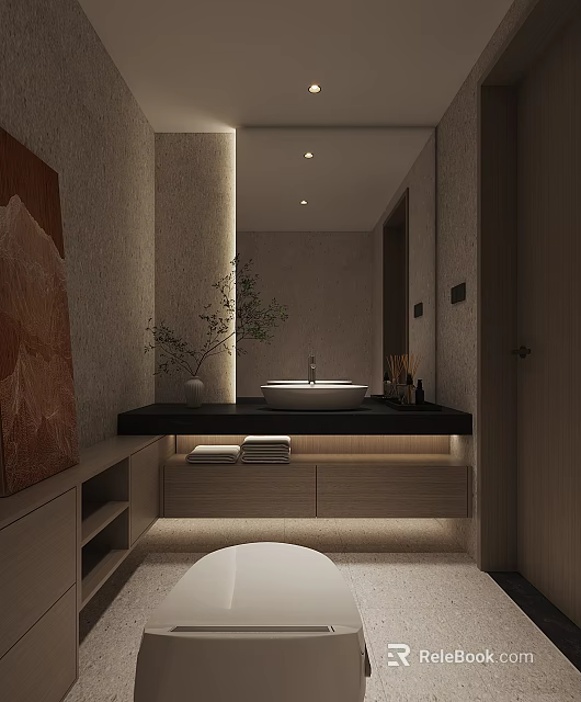 Modern Minimalist Bathroom With Black Countertop Vessel Sink And Greenery 3d model 