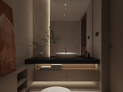 Modern Minimalist Bathroom With Black Countertop Vessel Sink And Greenery 3d model