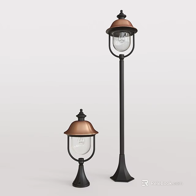 Outdoor Lights With Copper Shade Black Pole Transparent Glass And Two Sizes Design 3d model 