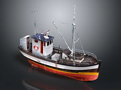 Classic Wooden Boat With Mast Cabin Red Yellow Black Hull And Lifebuoy 3d model