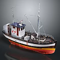 Classic Wooden Boat With Mast Cabin Red Yellow Black Hull And Lifebuoy