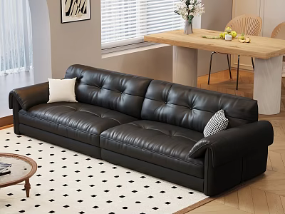 Black Leather Large Sofa With Decorative Cushions On Checkered Rug In Modern Living Space 3d model