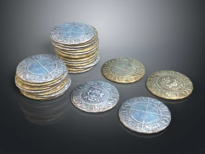Intricately Sculpted Silver And Gold Coins With Detailed Carved Designs Stacked And Scattered 3d model