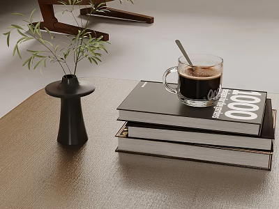 Stylish Coffee Cup On Stacked Books With Decorative Vase And Green Plant 3d model
